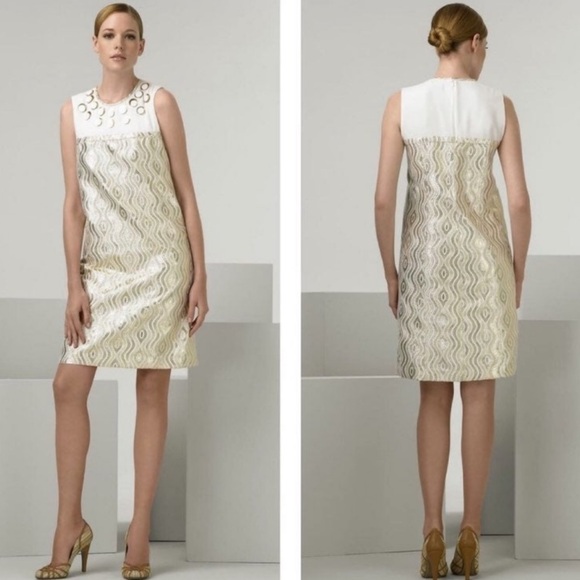 Tory Burch CLAYTON Gold Metallic Ivory Gold Silk Shift Dress Size 2 NWT - Picture 2 of 9
